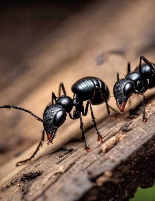 Close-up image of ants on a wood surface, illustrating the focus of professional ant control services.
