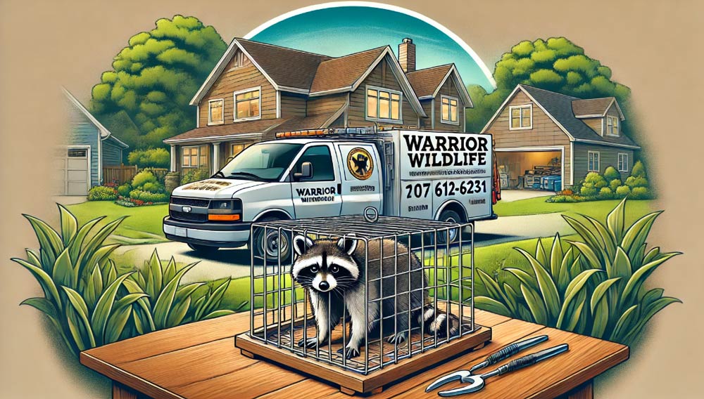 Illustration of a raccoon in a humane trap near a residential home, advertising wildlife relocation services.