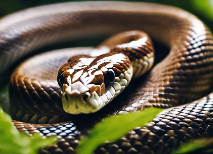 A close-up view of a patterned snake, emphasizing wildlife that may require professional handling.